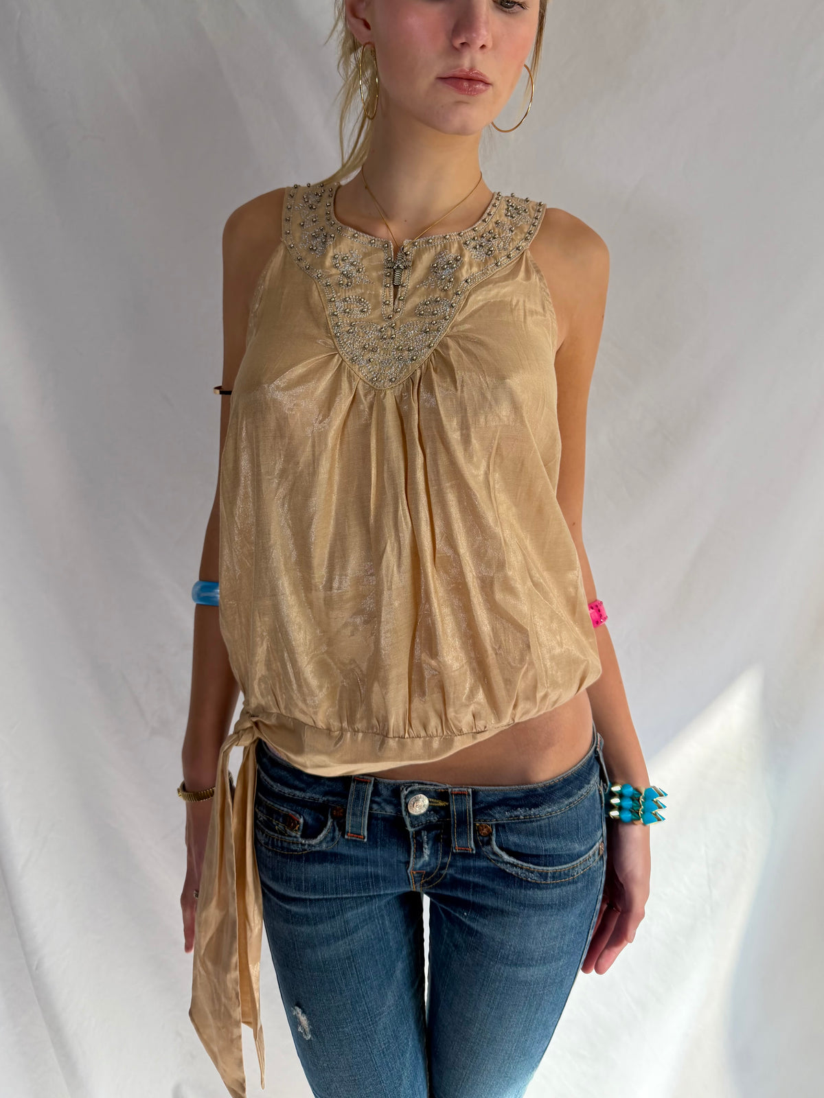 Vintage shimmery gold embellished halter top