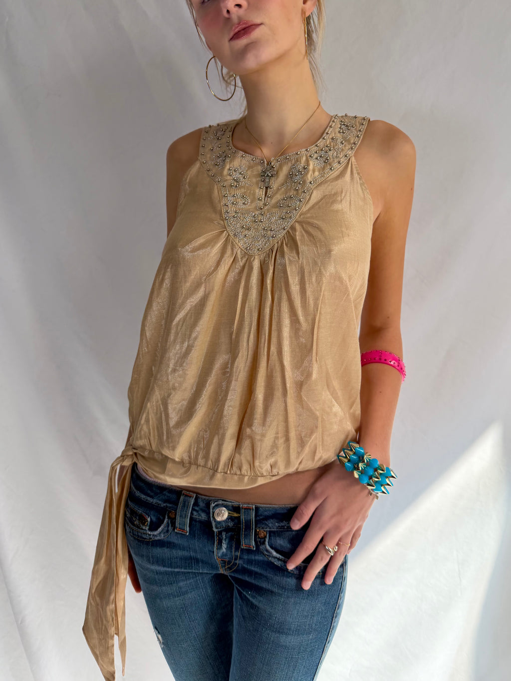 Vintage shimmery gold embellished halter top