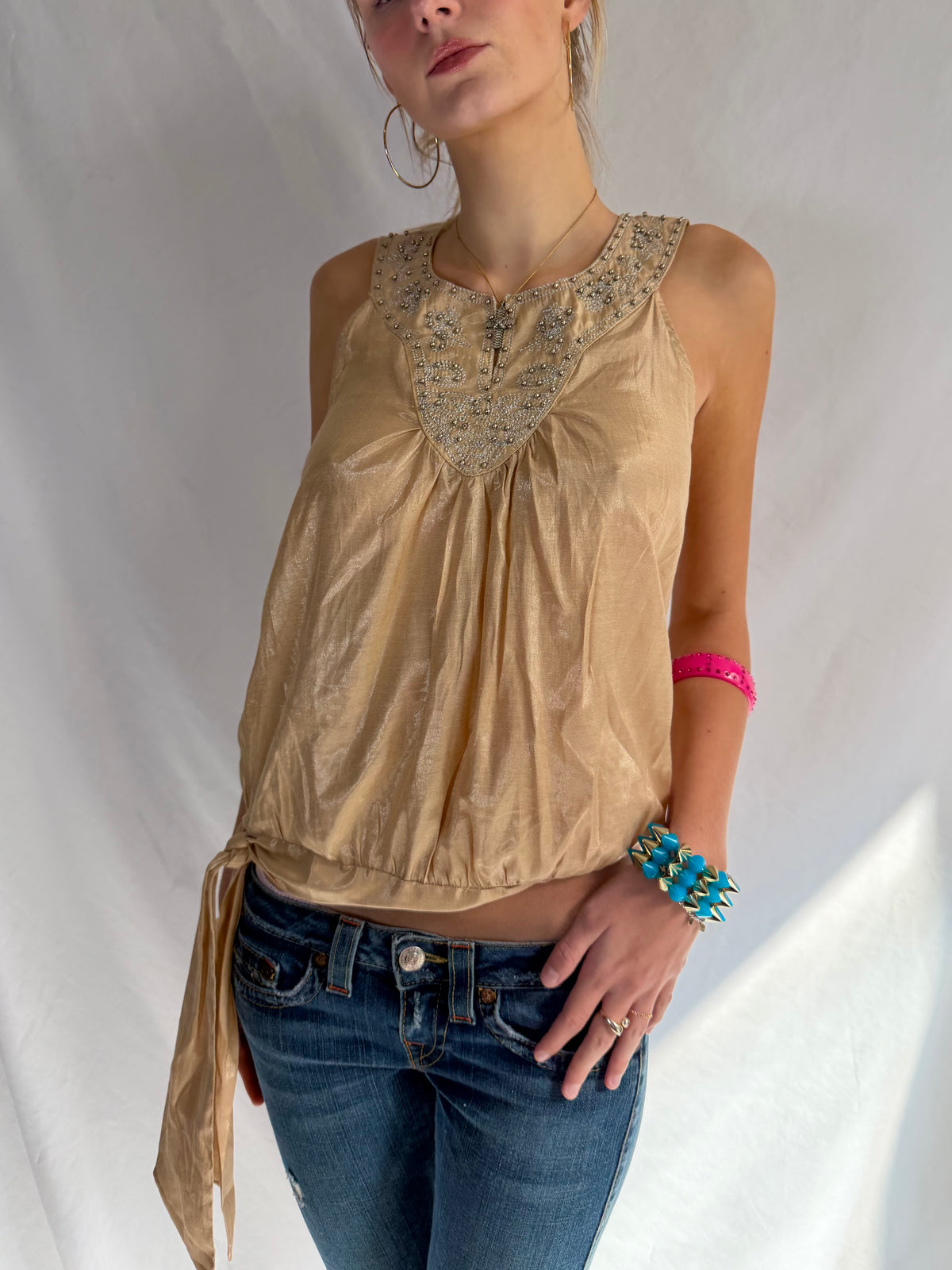 Vintage shimmery gold embellished halter top