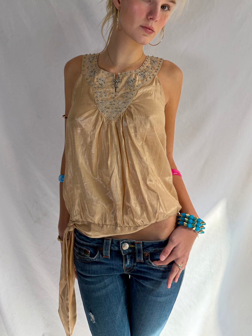 Vintage shimmery gold embellished halter top