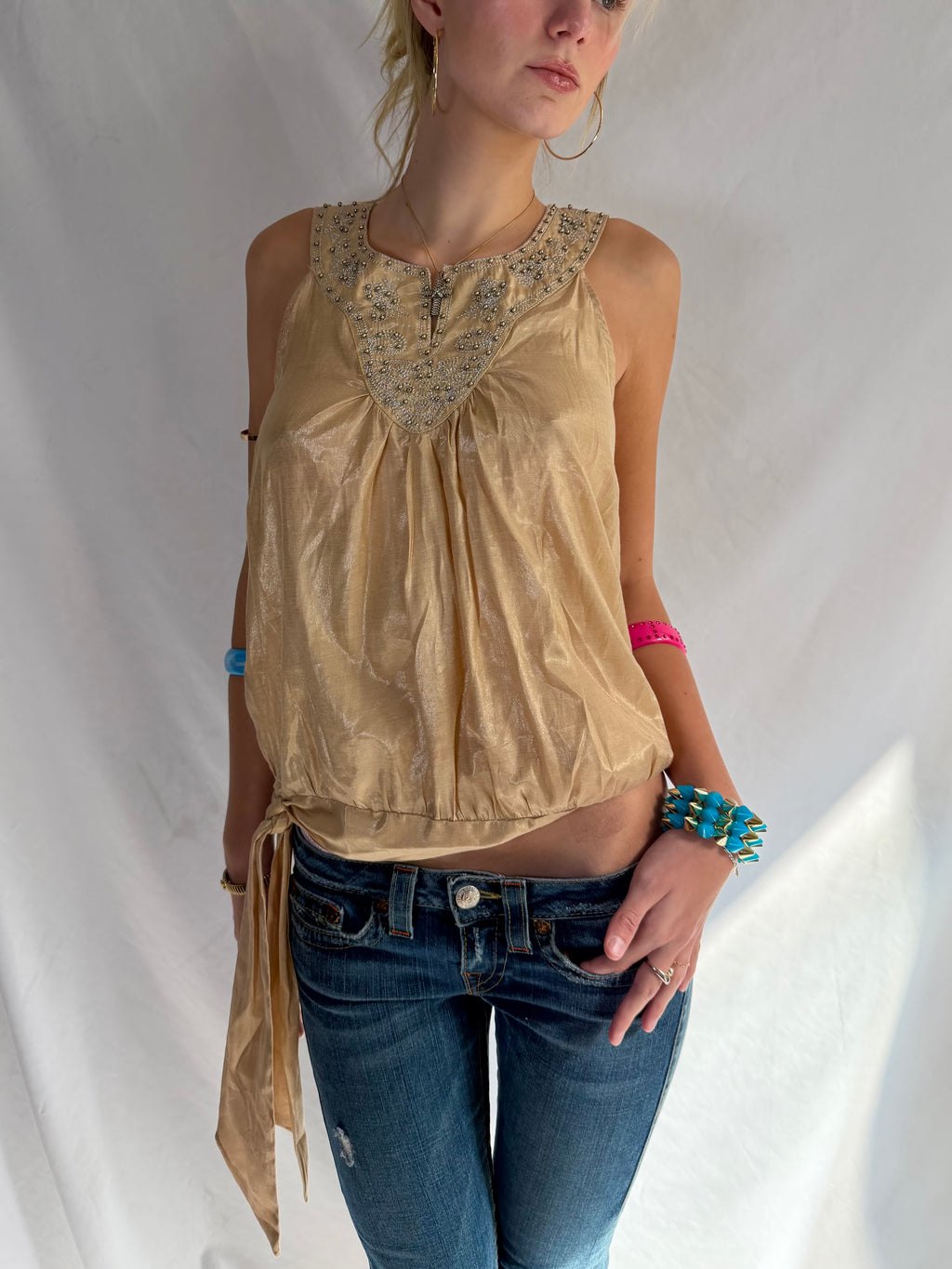 Vintage shimmery gold embellished halter top