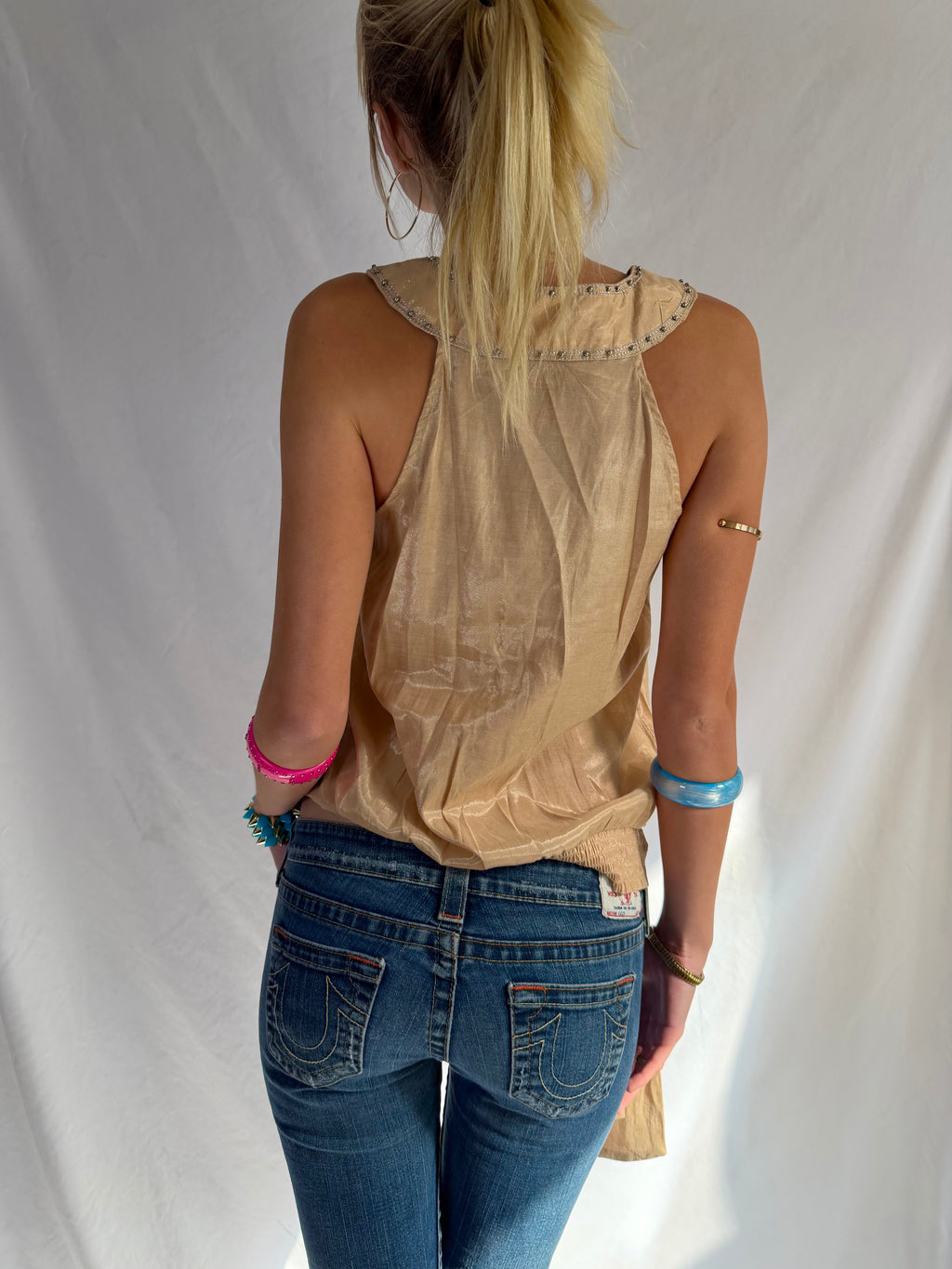 Vintage shimmery gold embellished halter top