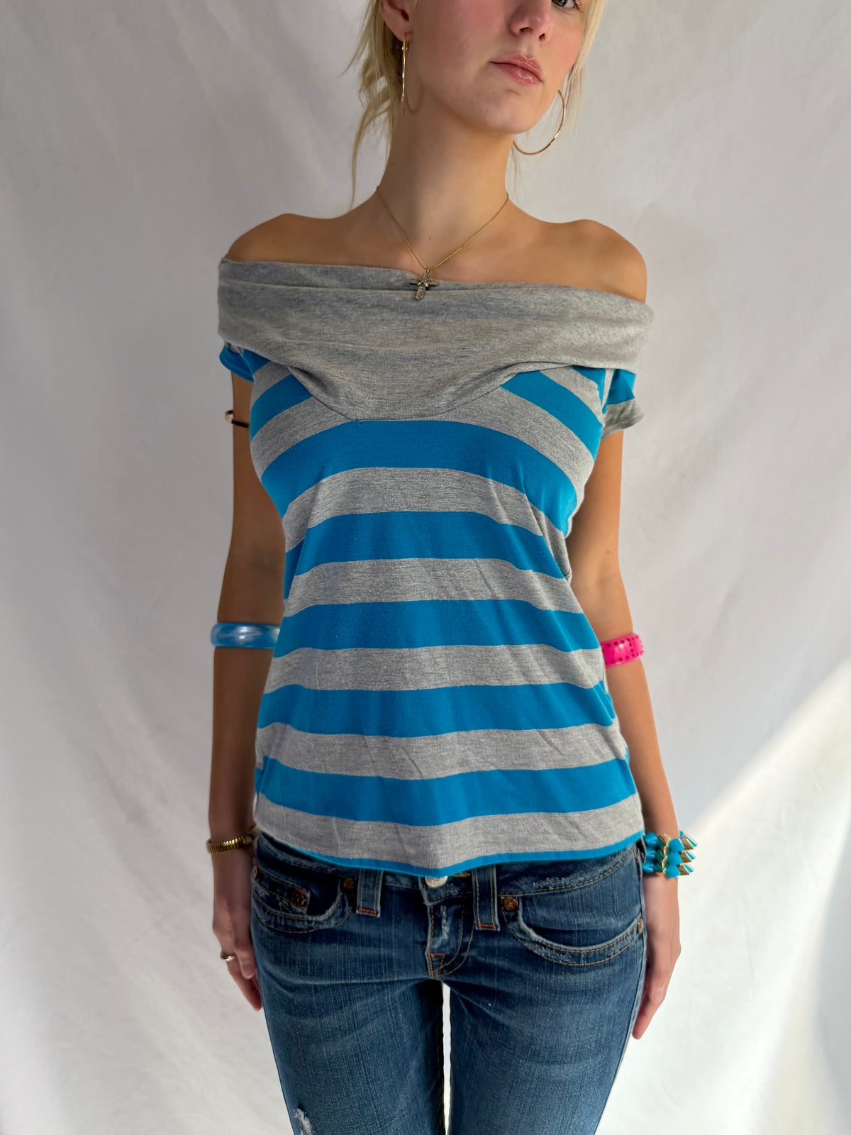 Vintage blue striped off the shoulder top