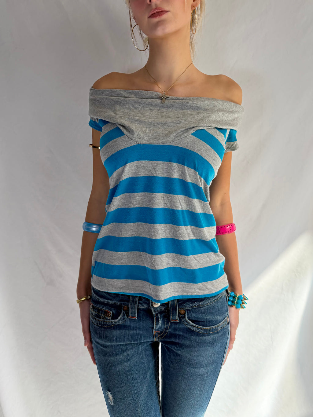 Vintage blue striped off the shoulder top