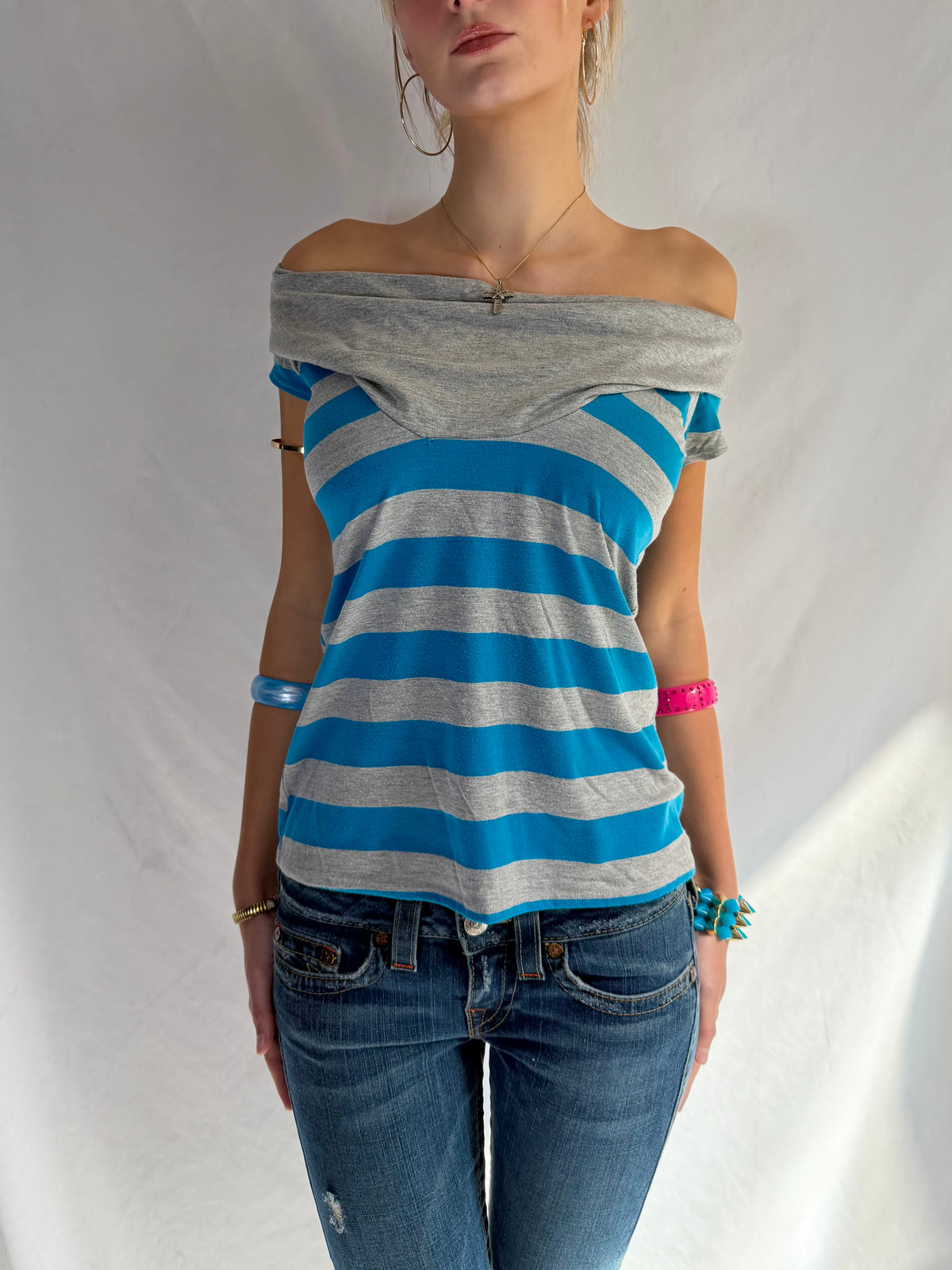Vintage blue striped off the shoulder top