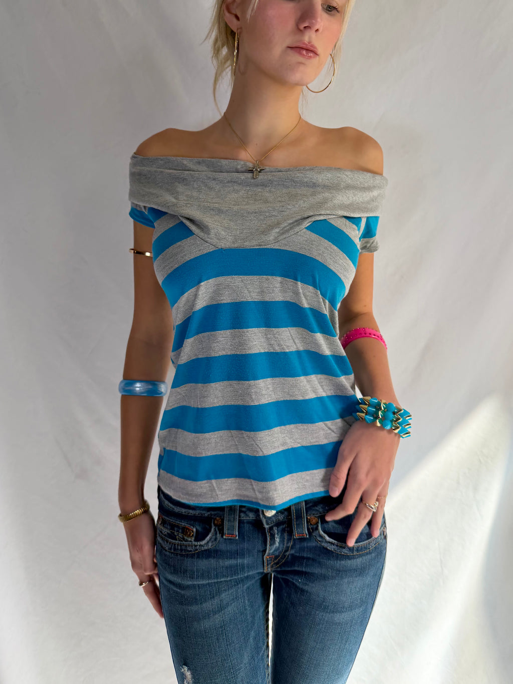 Vintage blue striped off the shoulder top