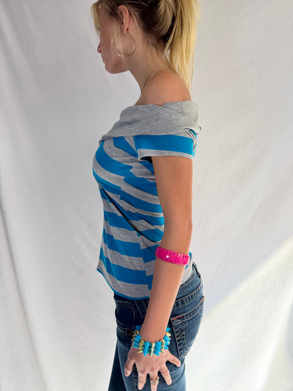 Vintage blue striped off the shoulder top