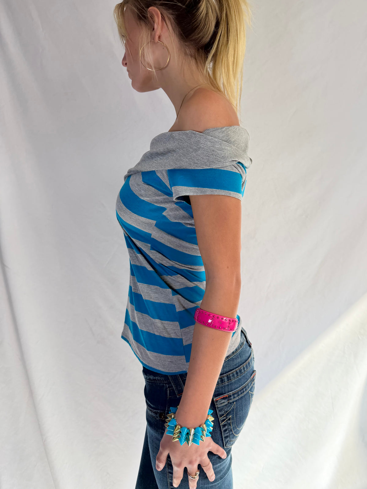 Vintage blue striped off the shoulder top