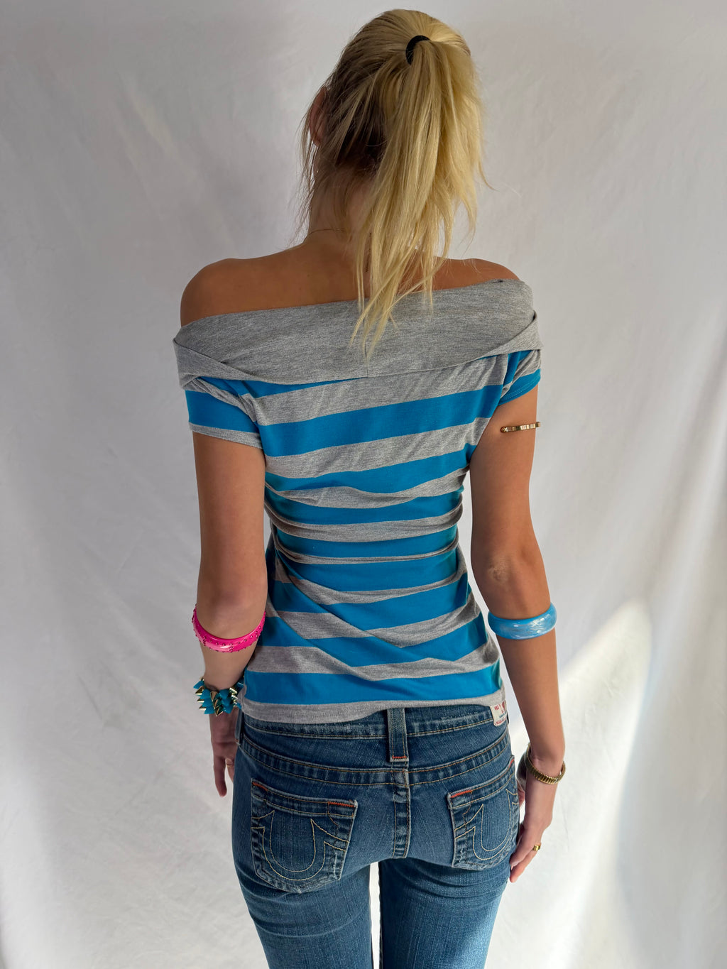 Vintage blue striped off the shoulder top