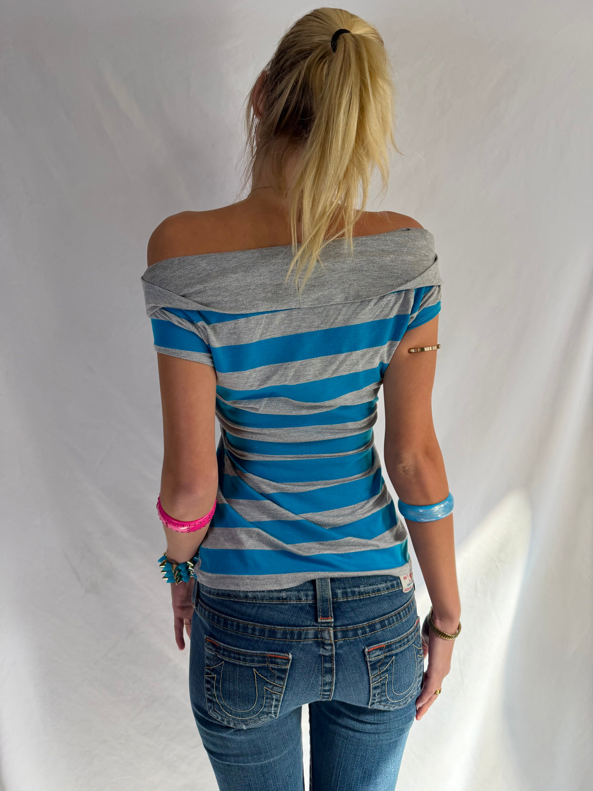 Vintage blue striped off the shoulder top