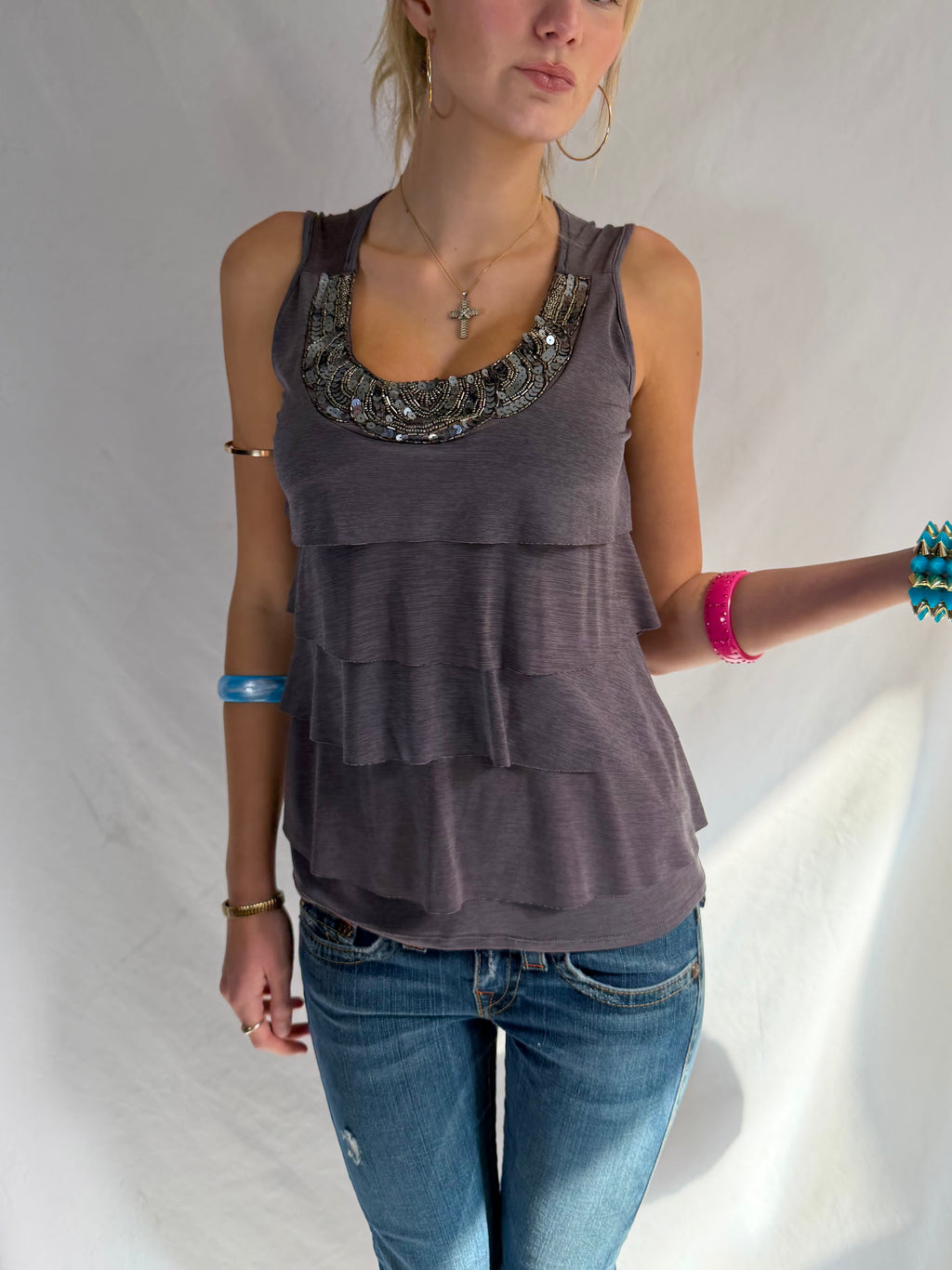 Vintage grey beaded ruffle tank top