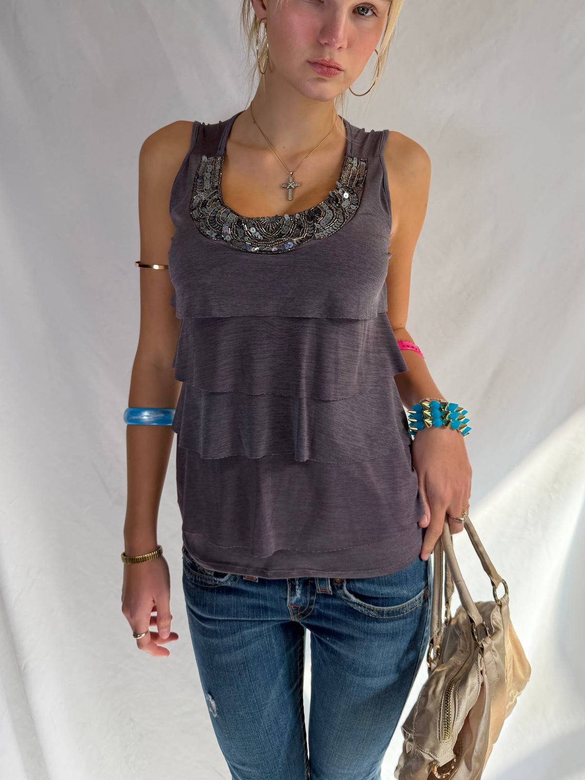 Vintage grey beaded ruffle tank top