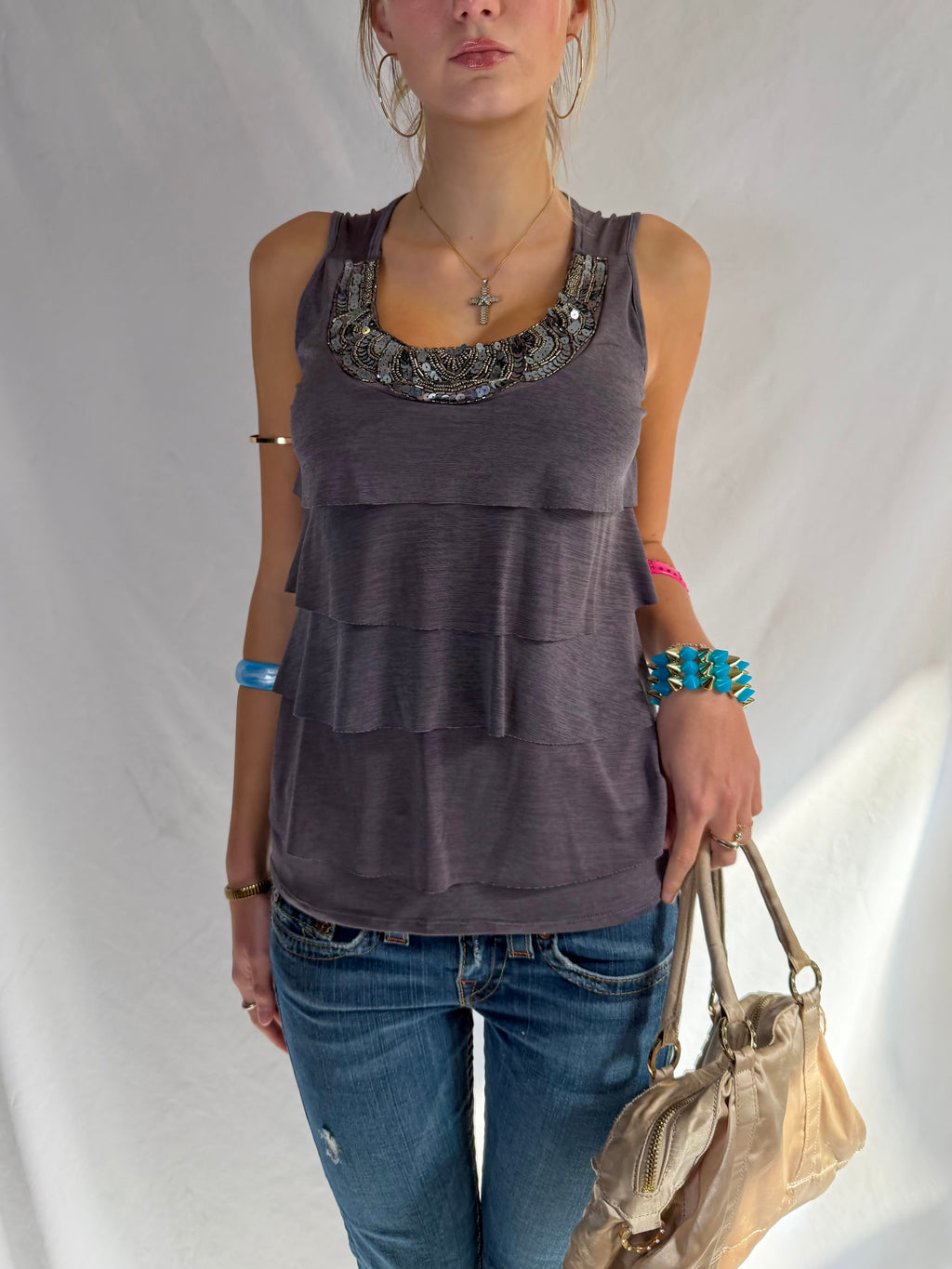 Vintage grey beaded ruffle tank top
