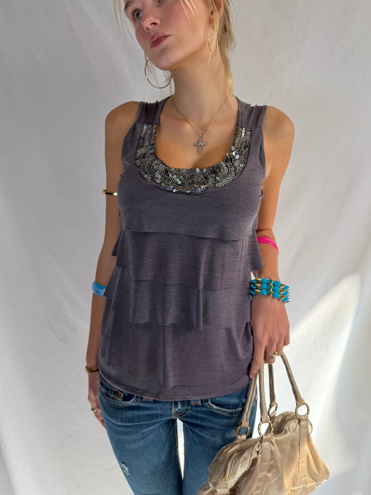 Vintage grey beaded ruffle tank top