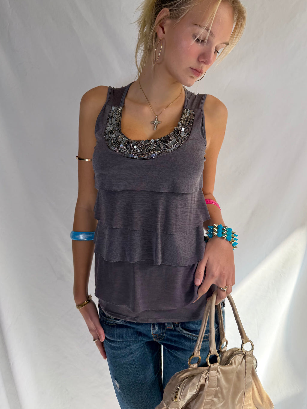 Vintage grey beaded ruffle tank top