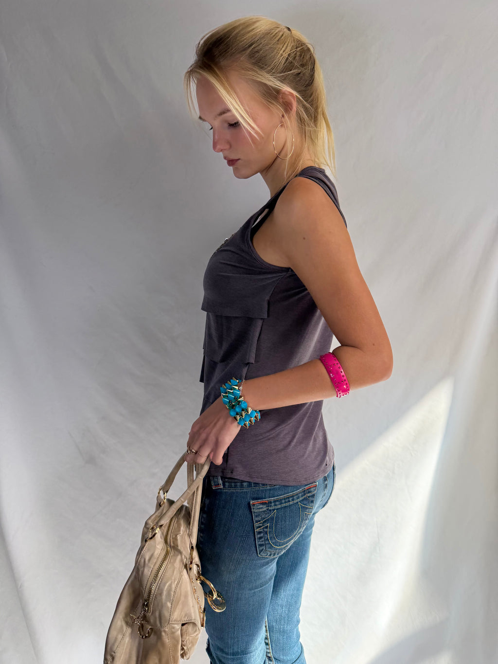Vintage grey beaded ruffle tank top