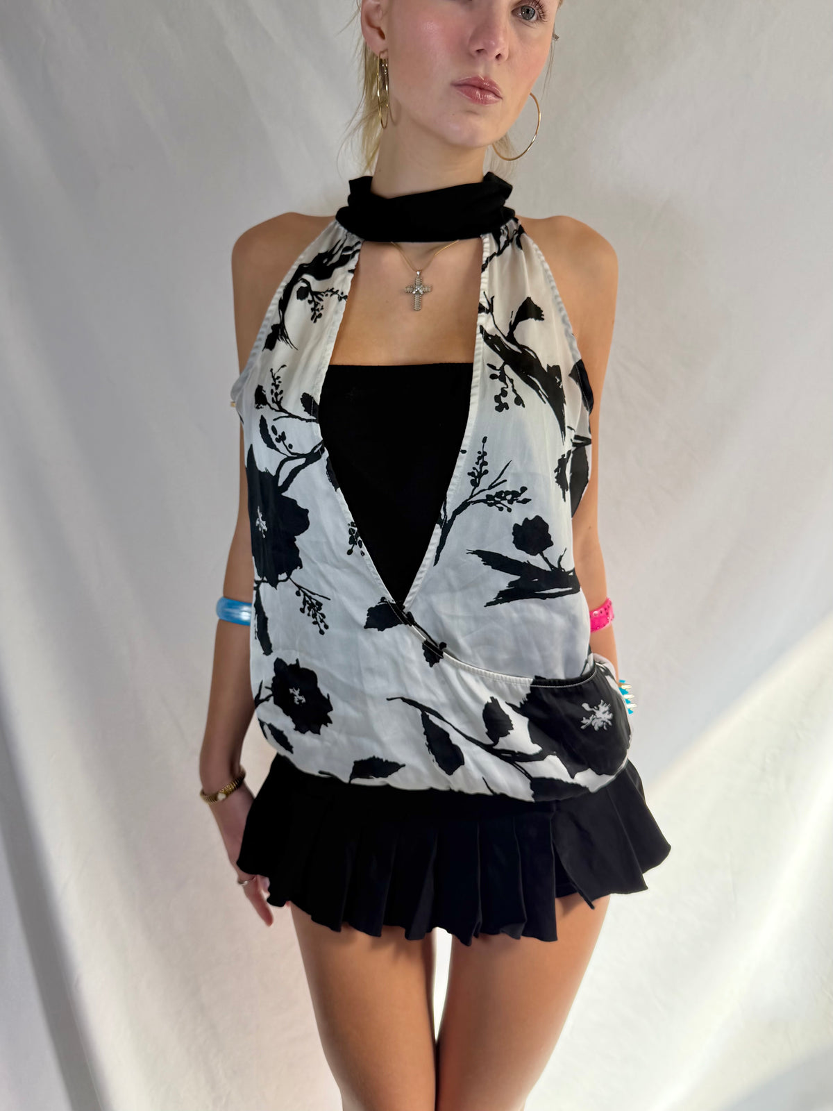 Vintage black & white floral halter top