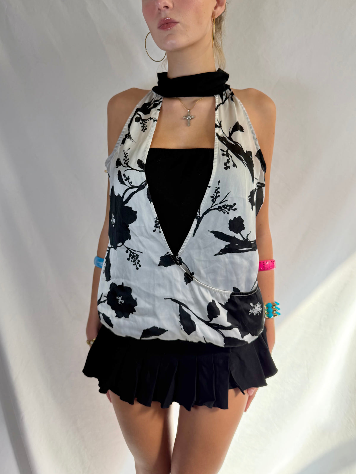 Vintage black & white floral halter top