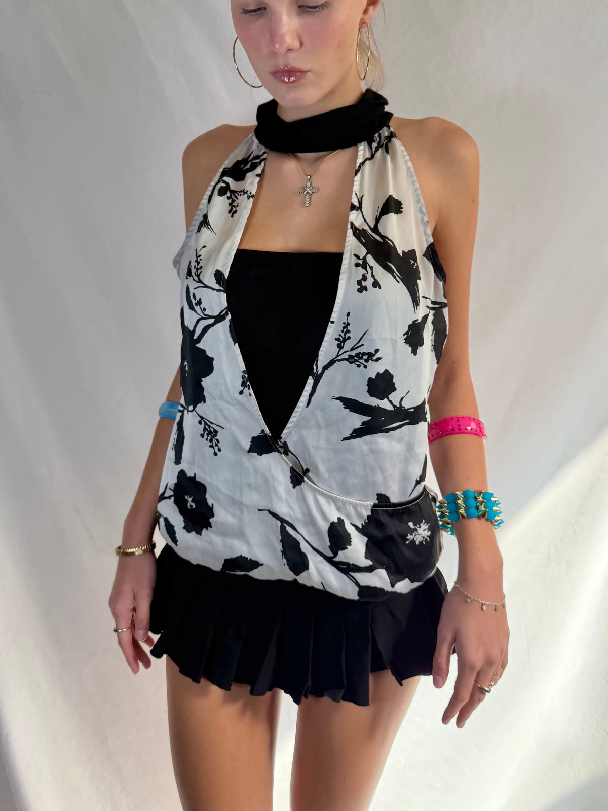 Vintage black & white floral halter top
