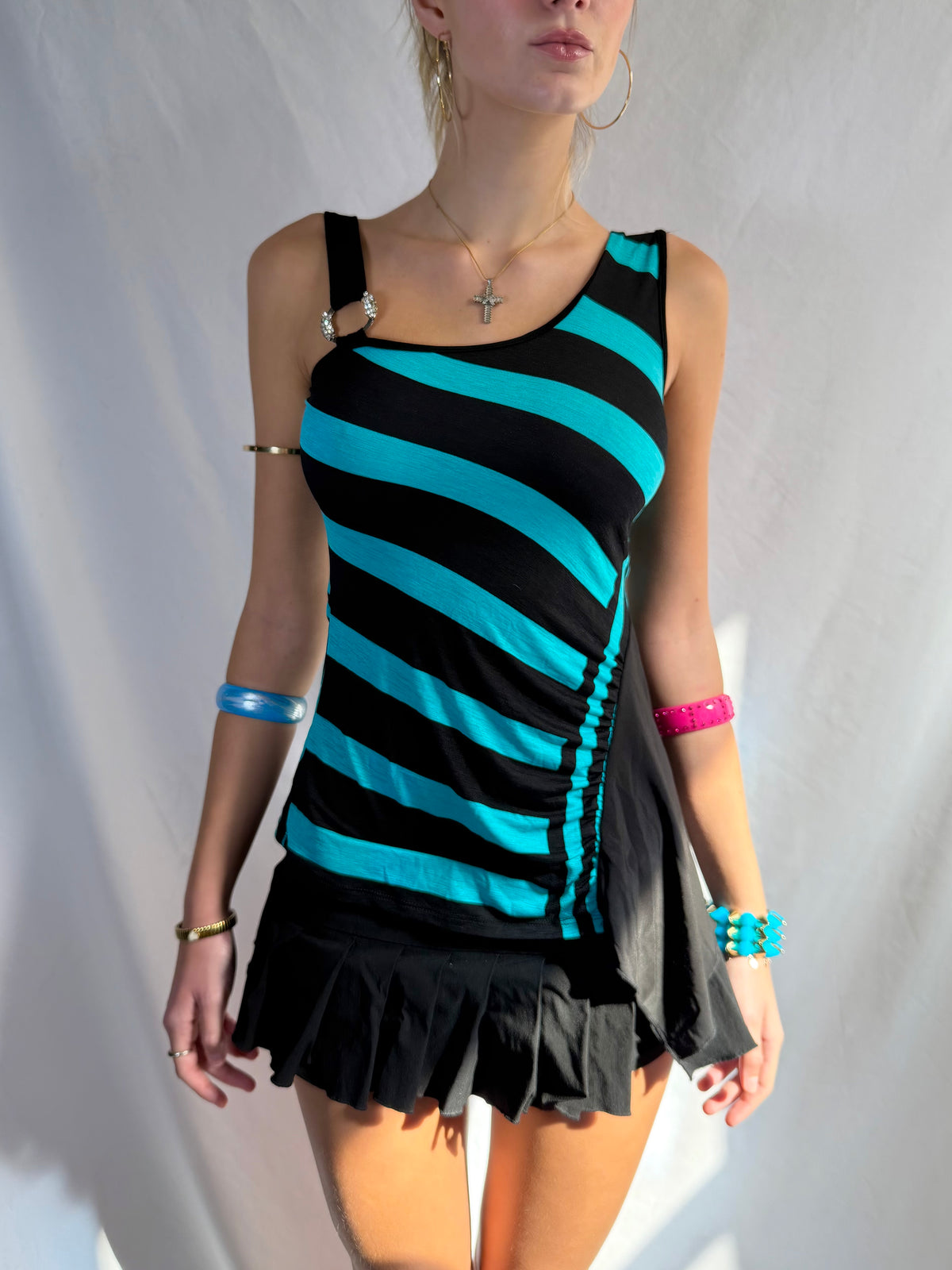 Vintage turquoise striped asymmetrical tank top