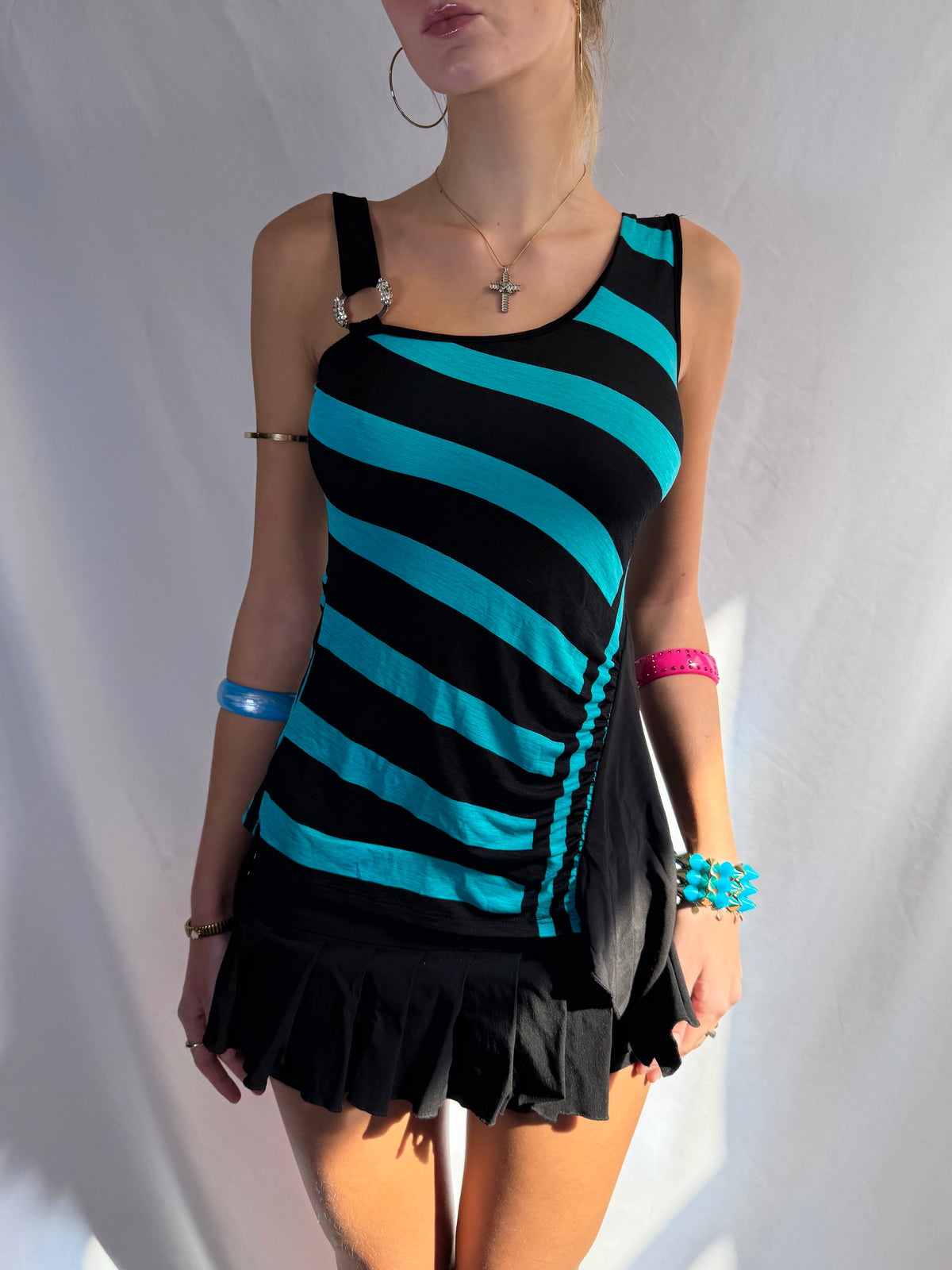 Vintage turquoise striped asymmetrical tank top