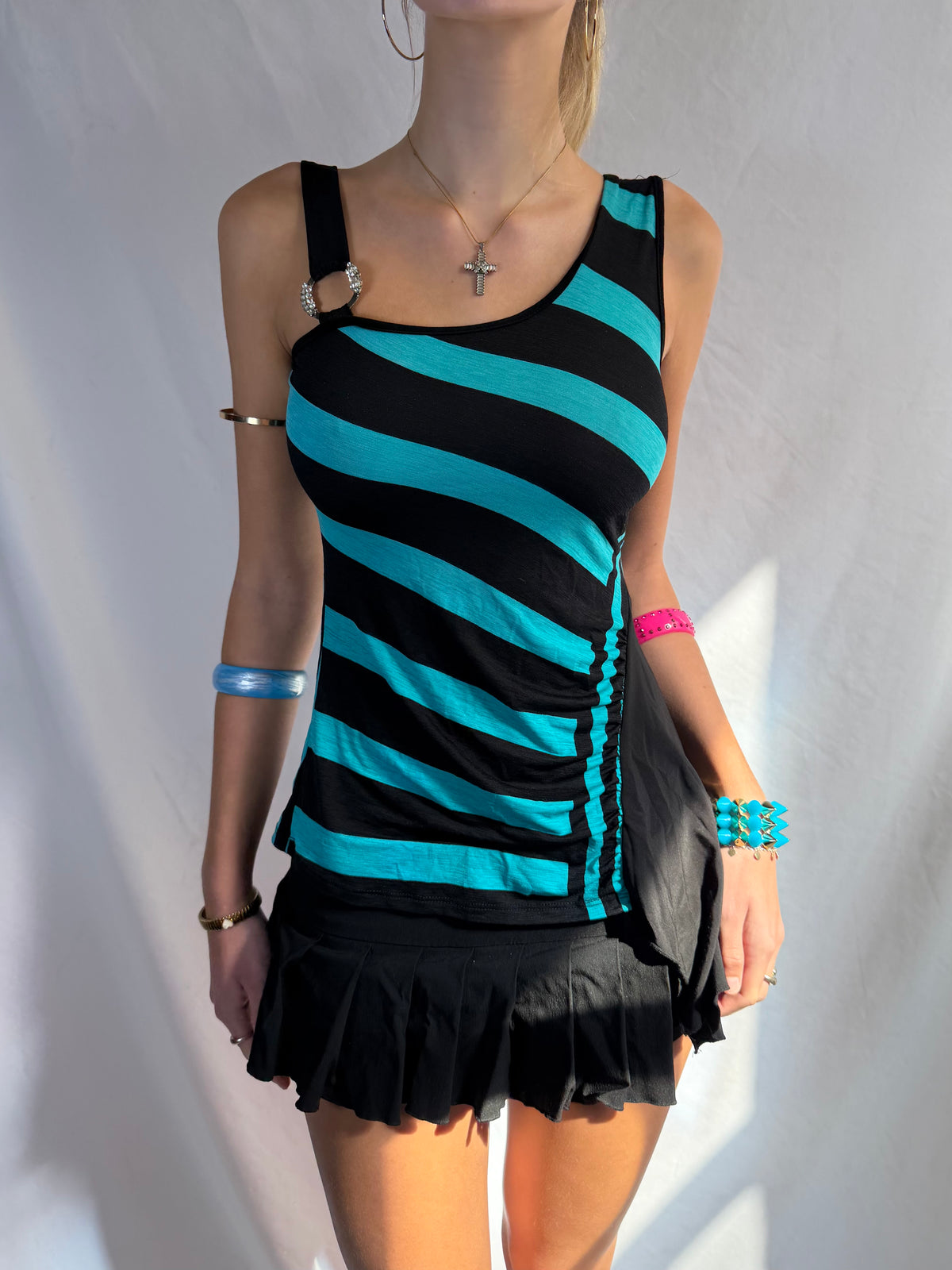 Vintage turquoise striped asymmetrical tank top