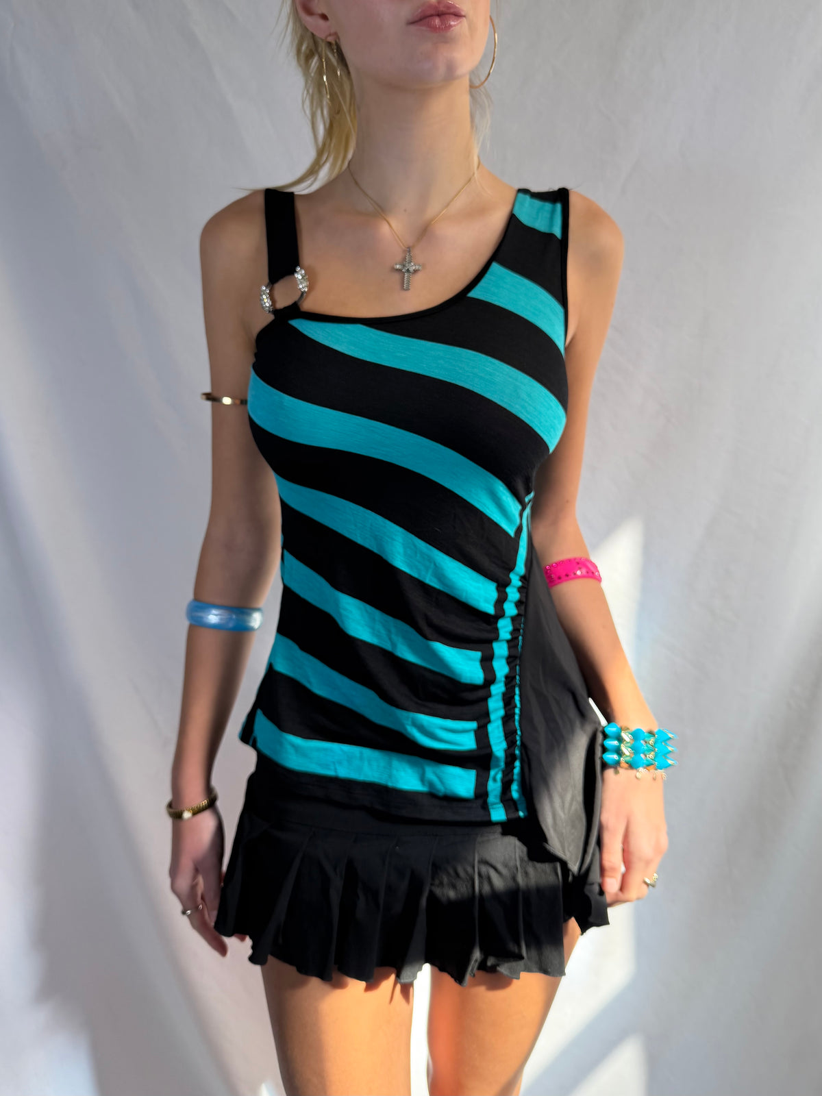 Vintage turquoise striped asymmetrical tank top