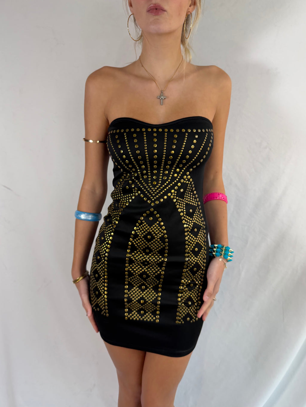 Vintage gold stud strapless mini dress