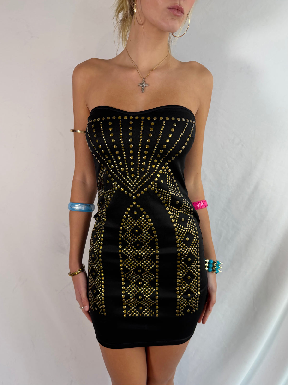 Vintage gold stud strapless mini dress