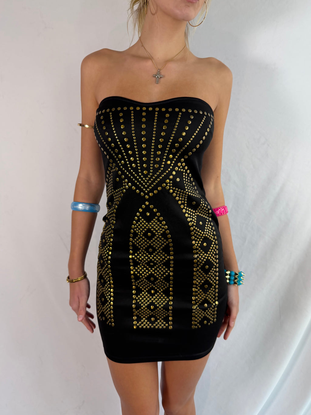 Vintage gold stud strapless mini dress