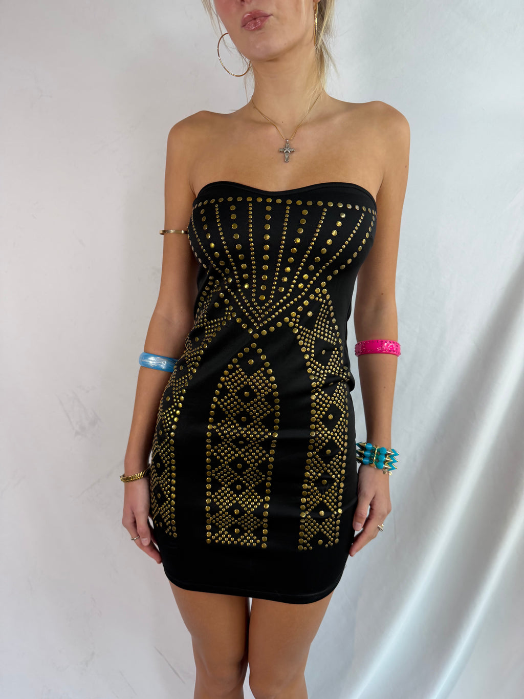 Vintage gold stud strapless mini dress