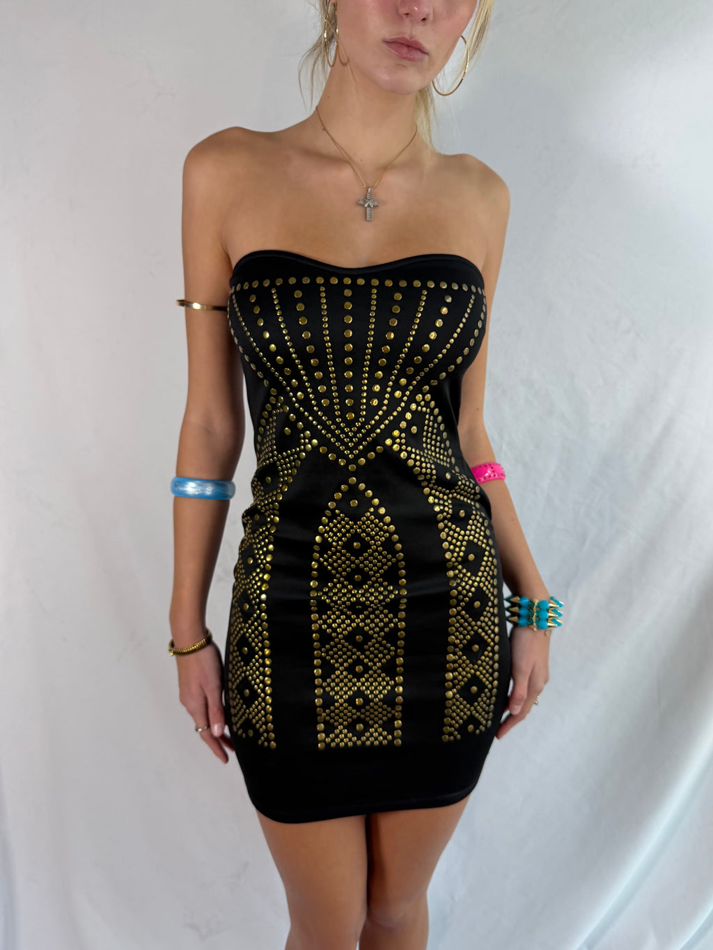 Vintage gold stud strapless mini dress