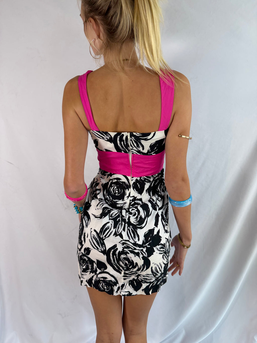 Vintage pink & black floral mini dress