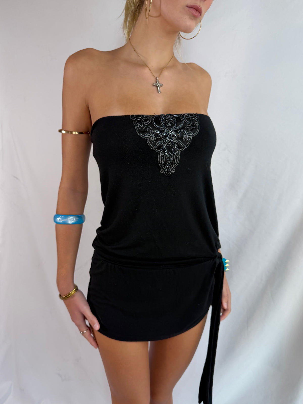 Vintage grey embellished strapless mini dress