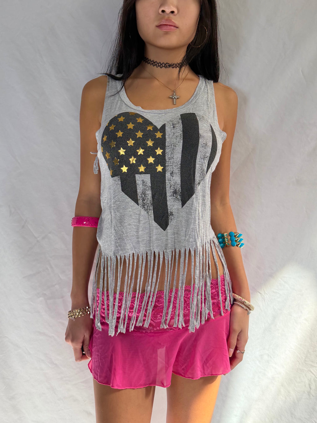 Vintage grey graphic fringe tank top