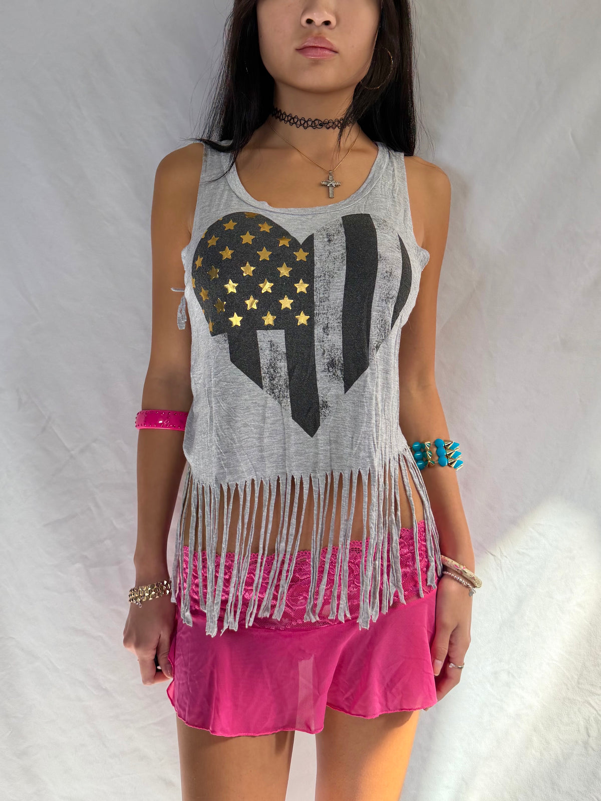 Vintage grey graphic fringe tank top