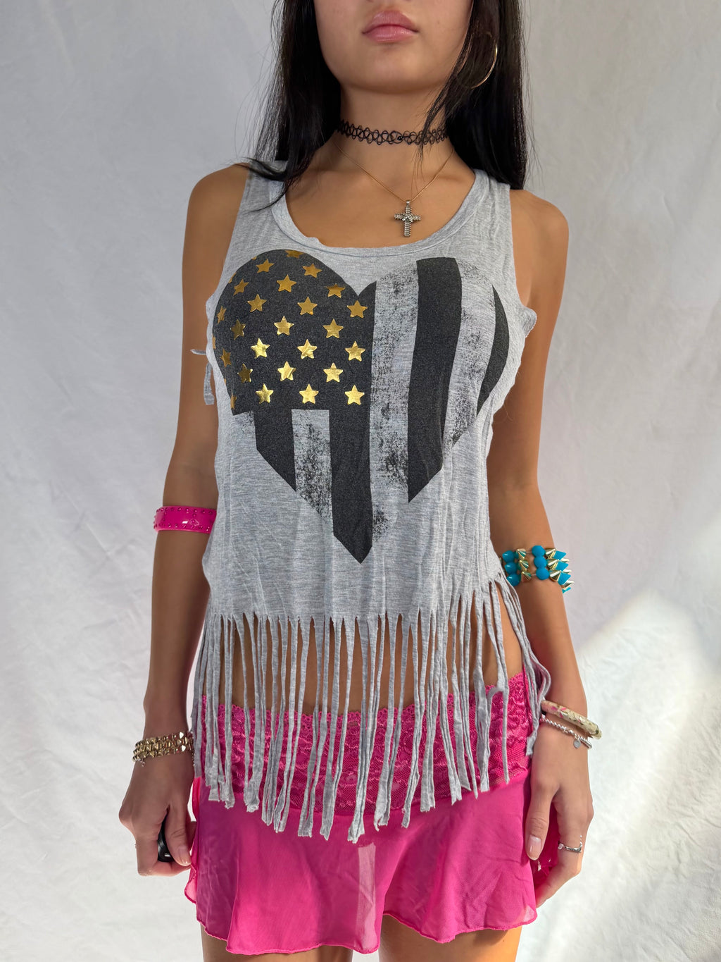 Vintage grey graphic fringe tank top
