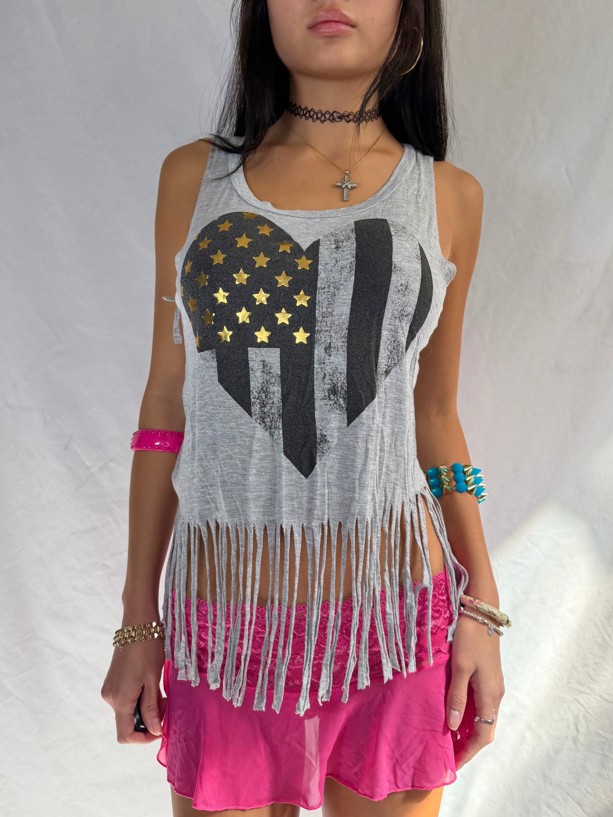 Vintage grey graphic fringe tank top