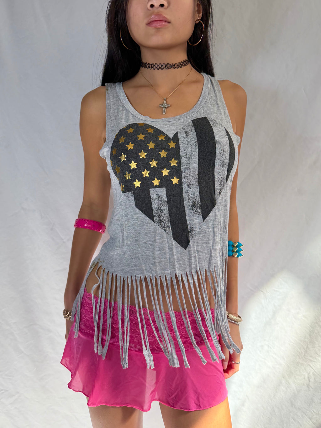 Vintage grey graphic fringe tank top