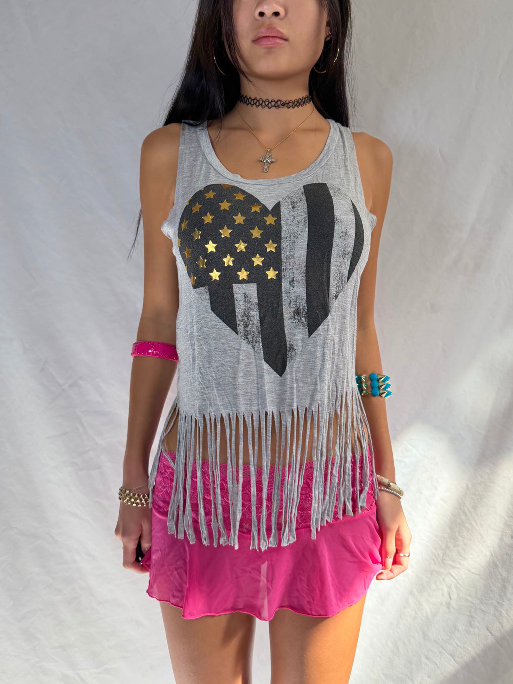 Vintage grey graphic fringe tank top