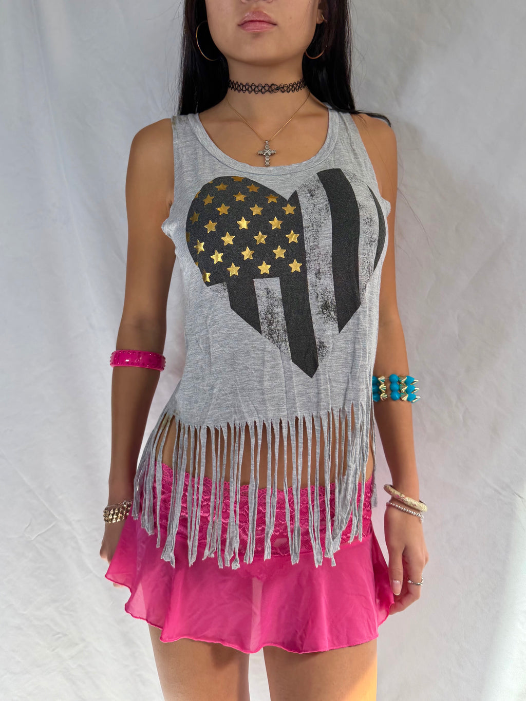 Vintage grey graphic fringe tank top