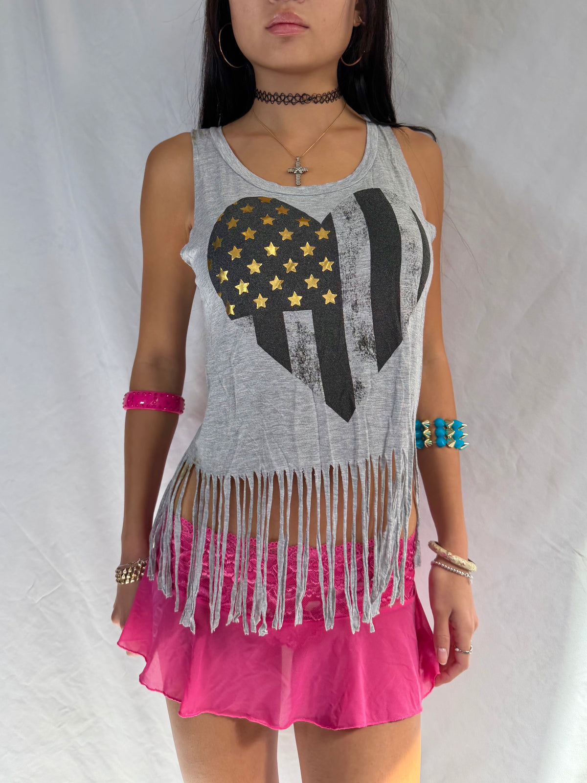 Vintage grey graphic fringe tank top