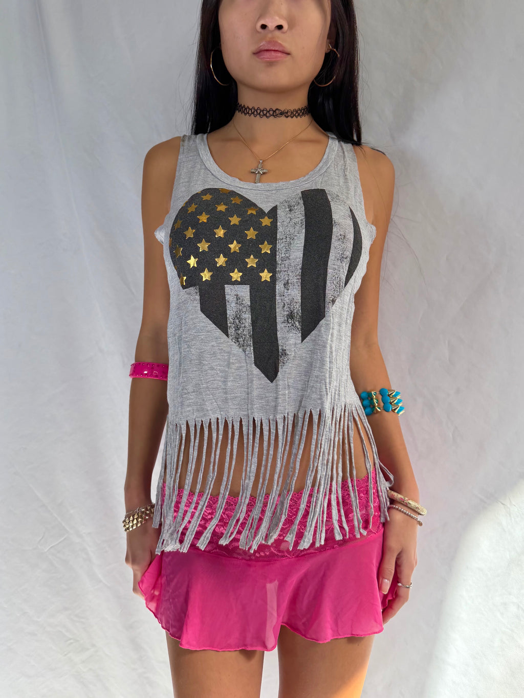 Vintage grey graphic fringe tank top