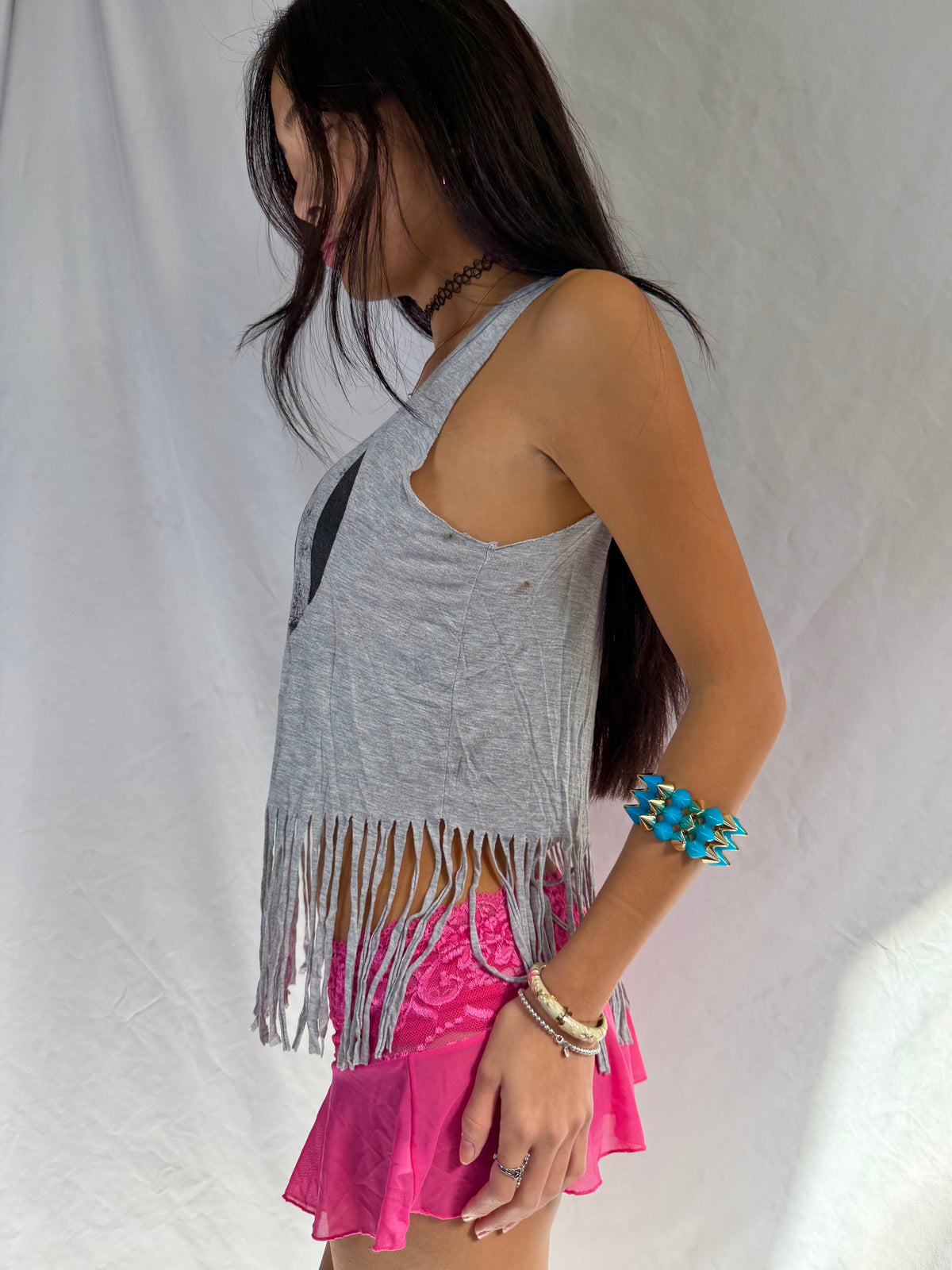 Vintage grey graphic fringe tank top