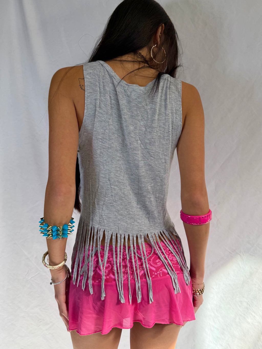 Vintage grey graphic fringe tank top
