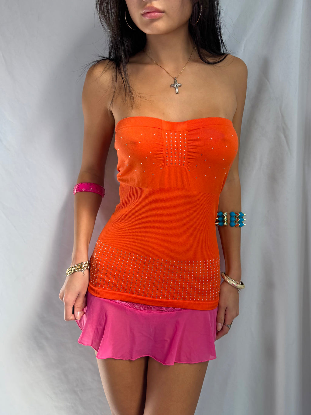 Vintage orange rhinestone tube top