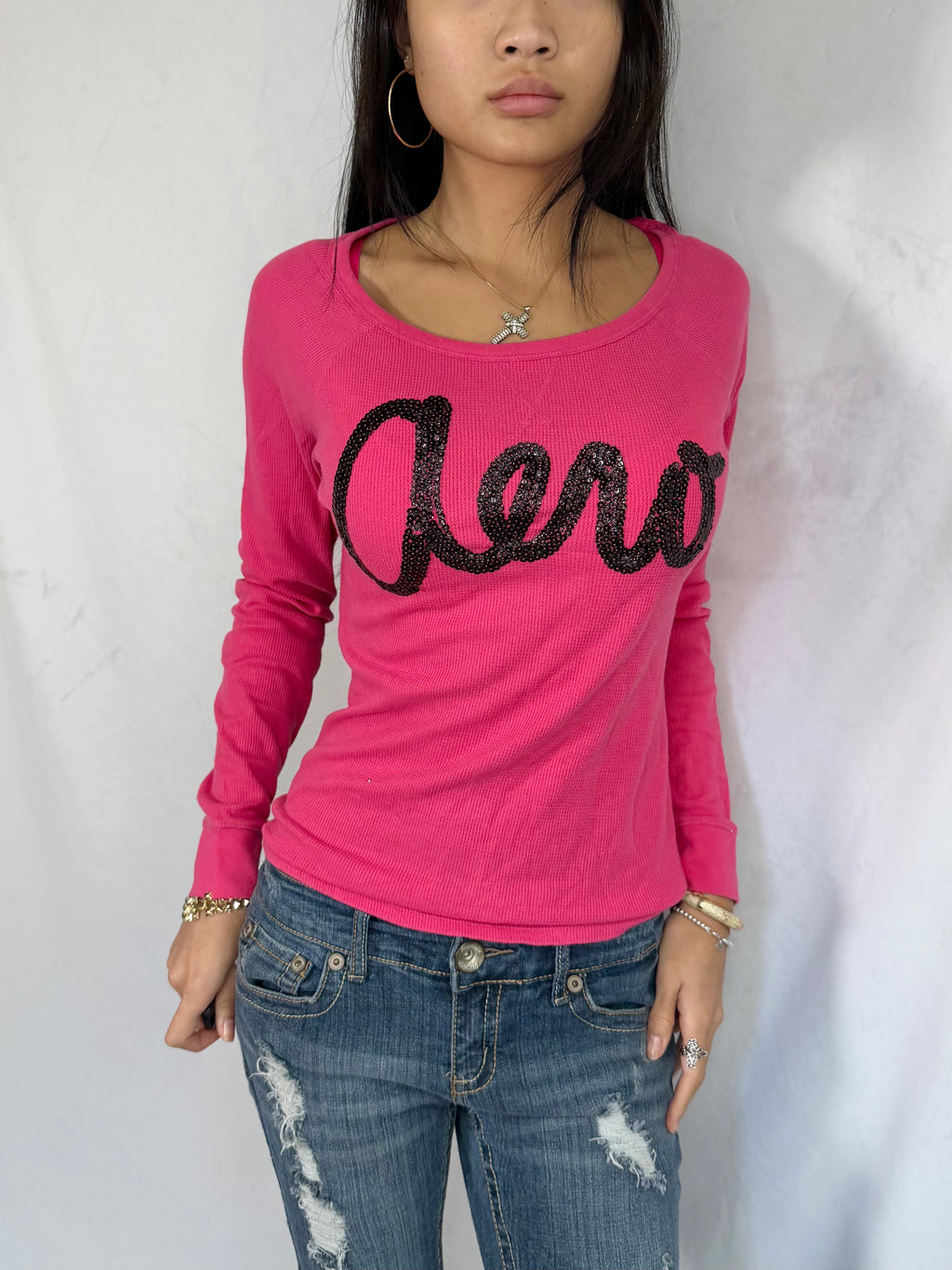 Vintage Aeropostale pink sequin henley top