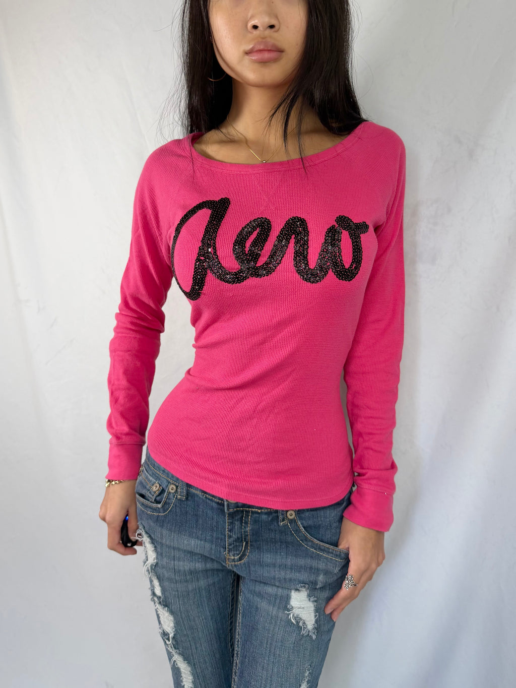 Vintage Aeropostale pink sequin henley top