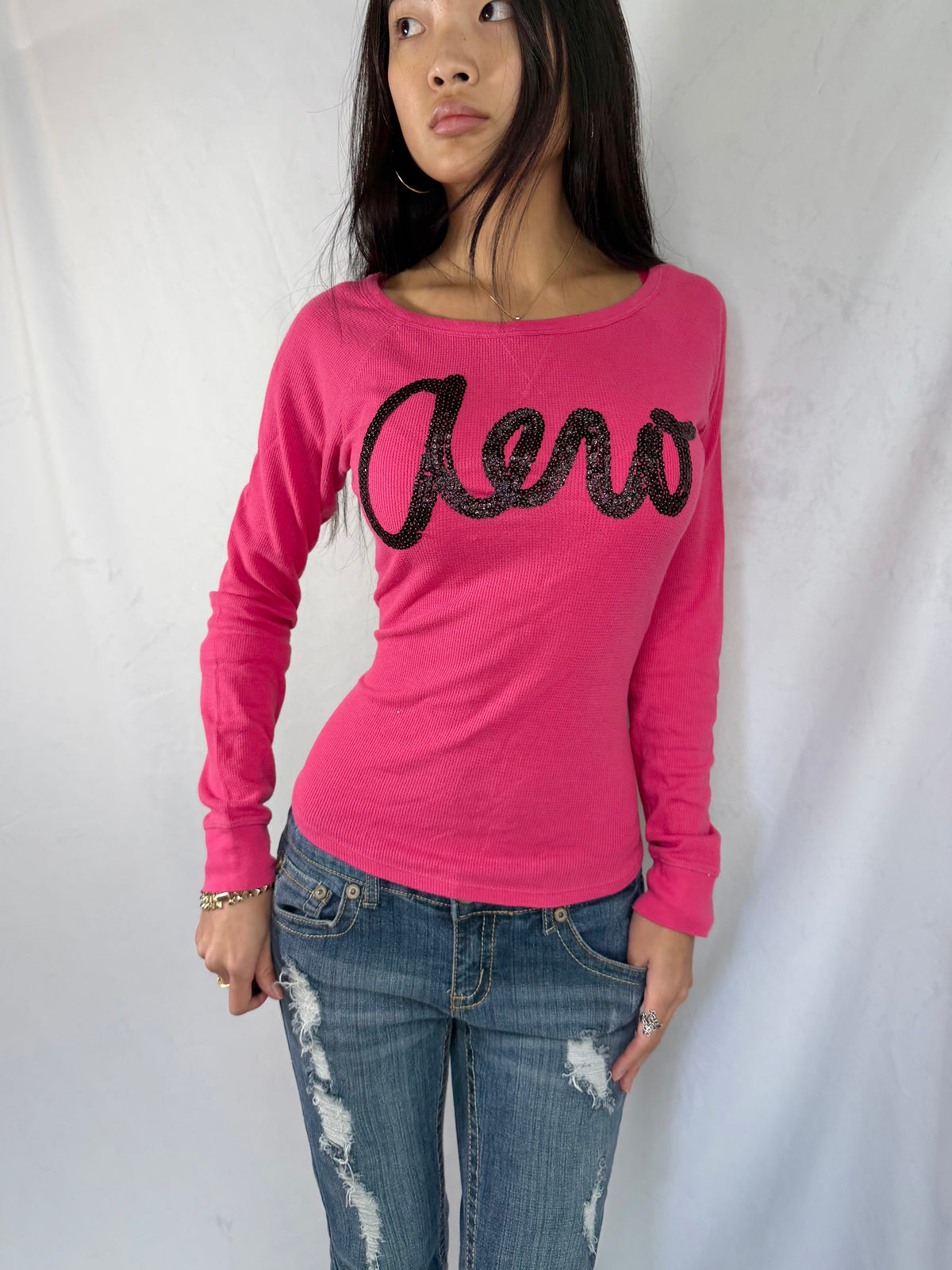 Vintage Aeropostale pink sequin henley top