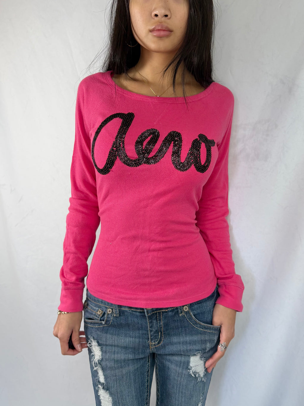 Vintage Aeropostale pink sequin henley top